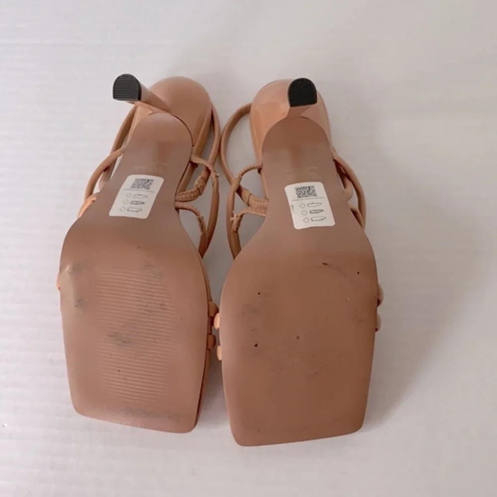 ASOS DESIGN strappy heeled sandals in camel, size 11